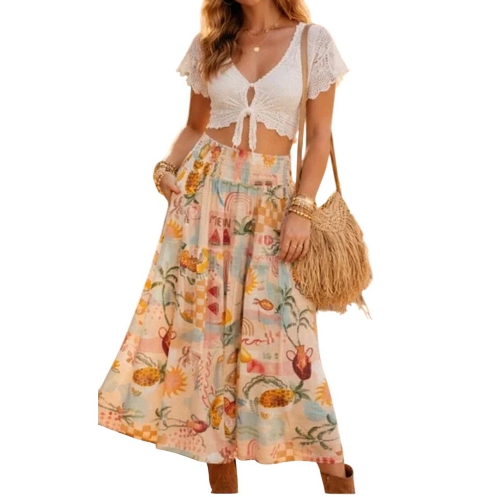 Paper Heart Womens Linen Blend Tropical Fruit Smocked Maxi Skirt Size M